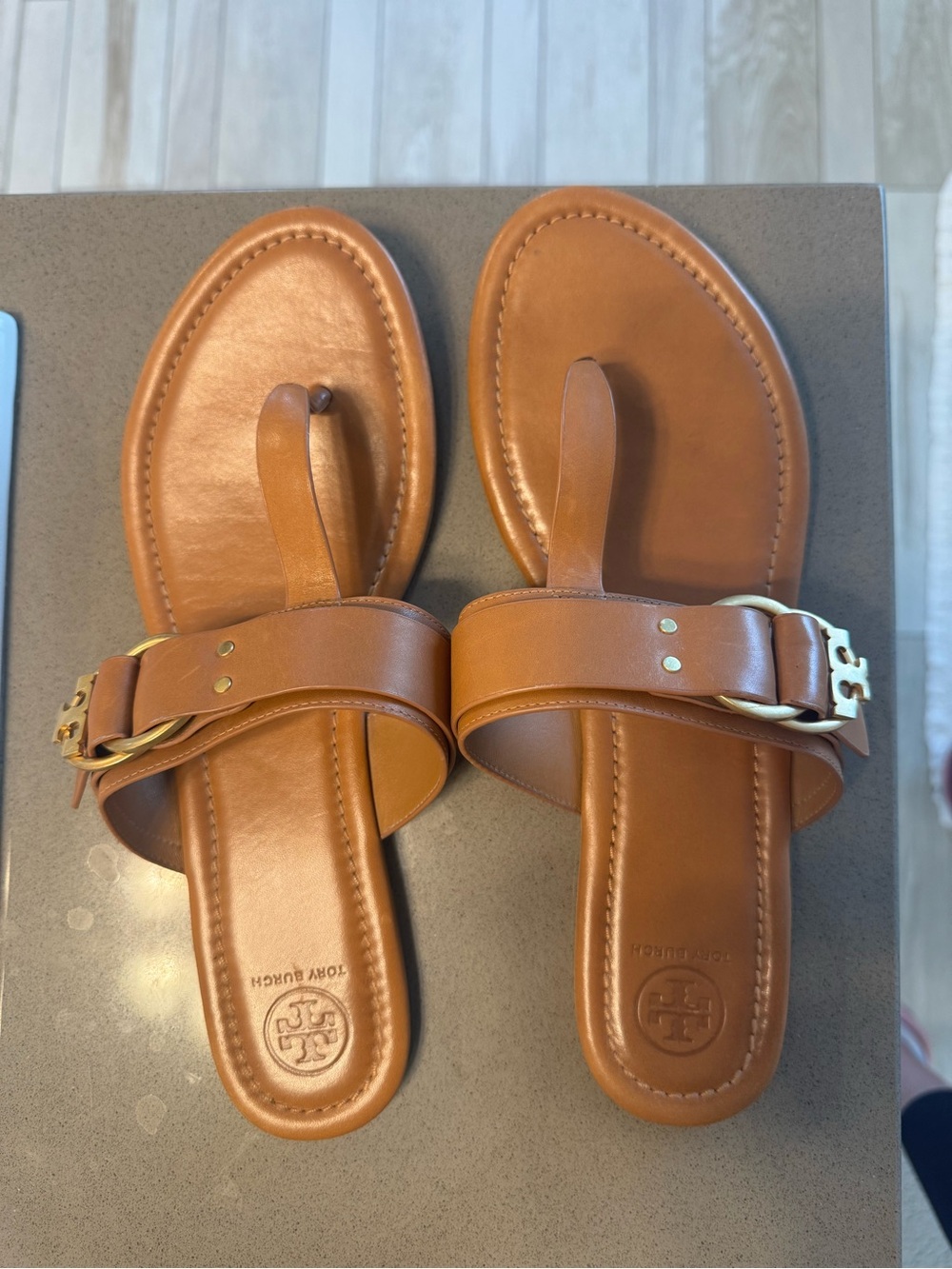 Tory Burch Tan Leather Toe-Loop Sandals with Gold Hardware